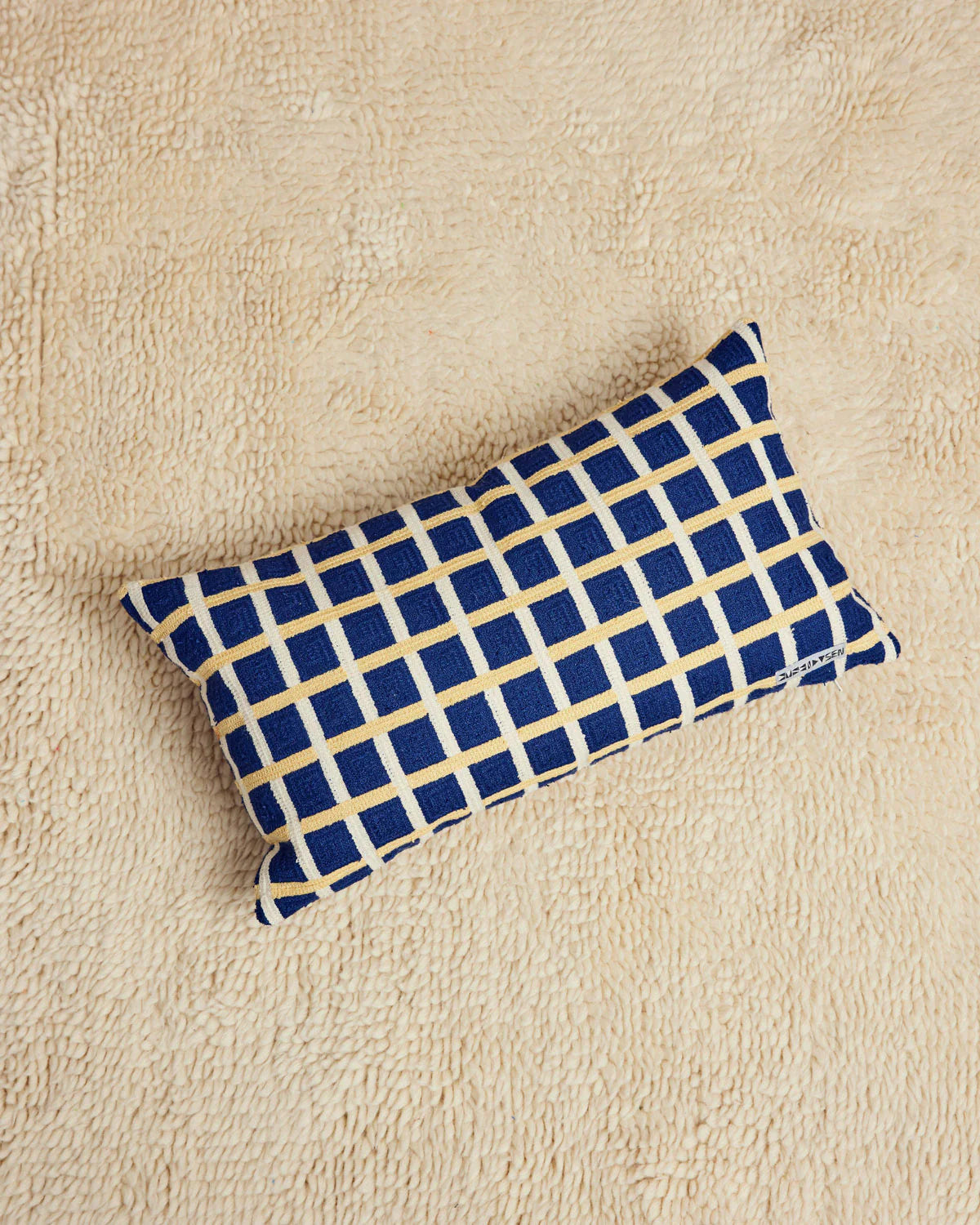 Rectangular blue and white checkered pillow on a beige surface